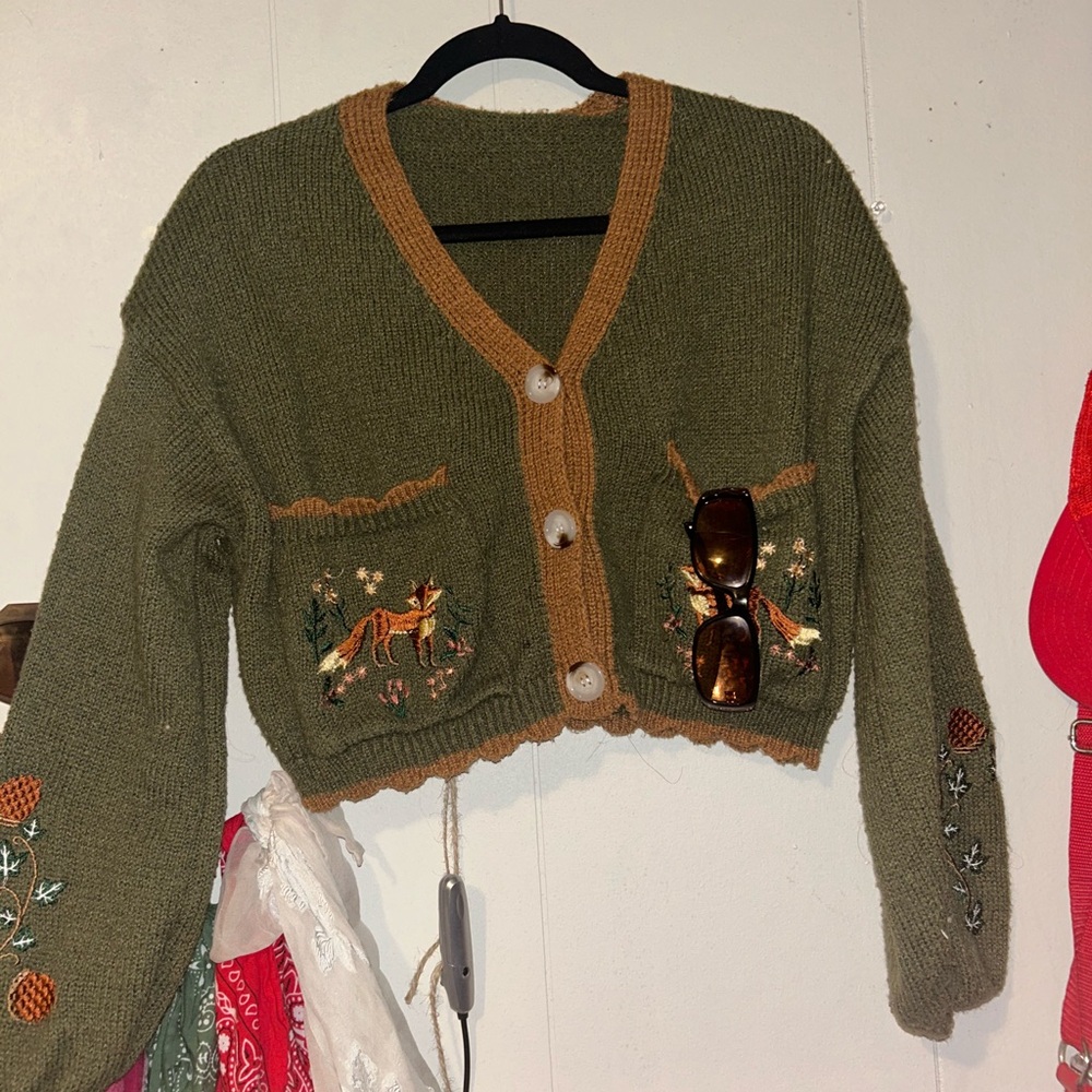 Olive Green and Tan Women's Sweater with Embroidery